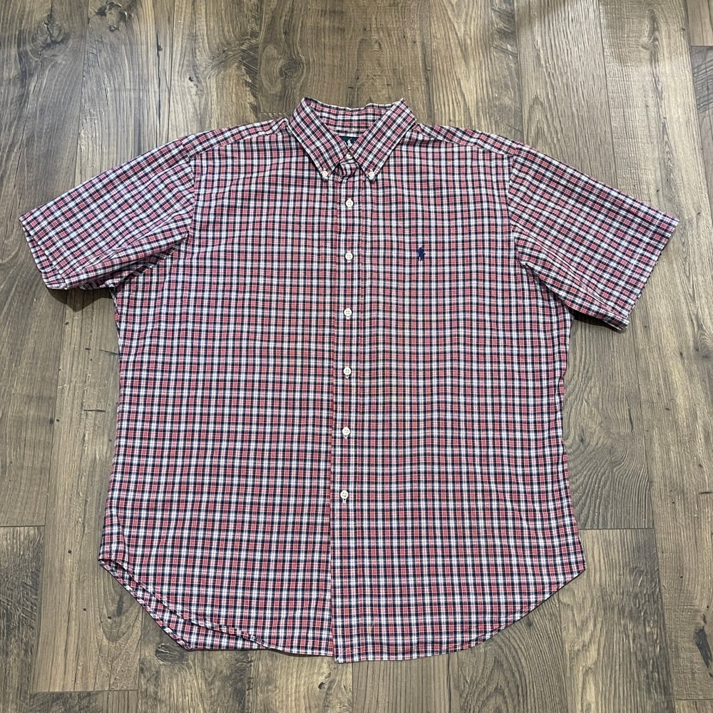 Polo Ralph Lauren Mens XL Classic Fit Red White Blue Plaid Short Sleeve Shirt